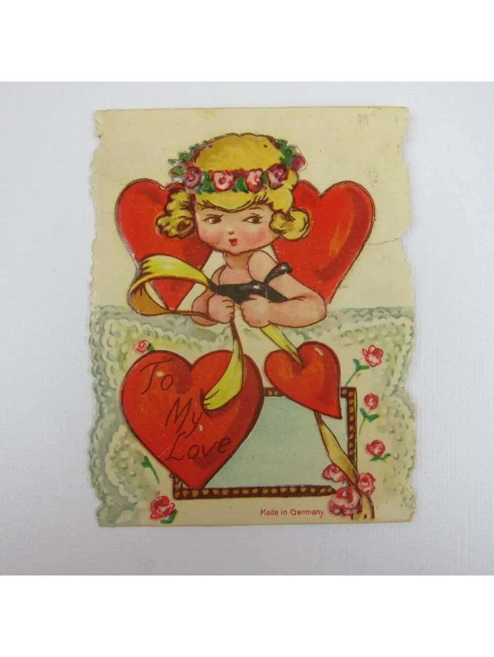 Vintage Valentine Card Cutout Stand Up Girl Blonde Hair Flower Wreath UNSIGNED